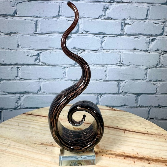 Murano Glassware Swirl Sculpture Brown Black Copper Metallic Abstract Art 10.5”